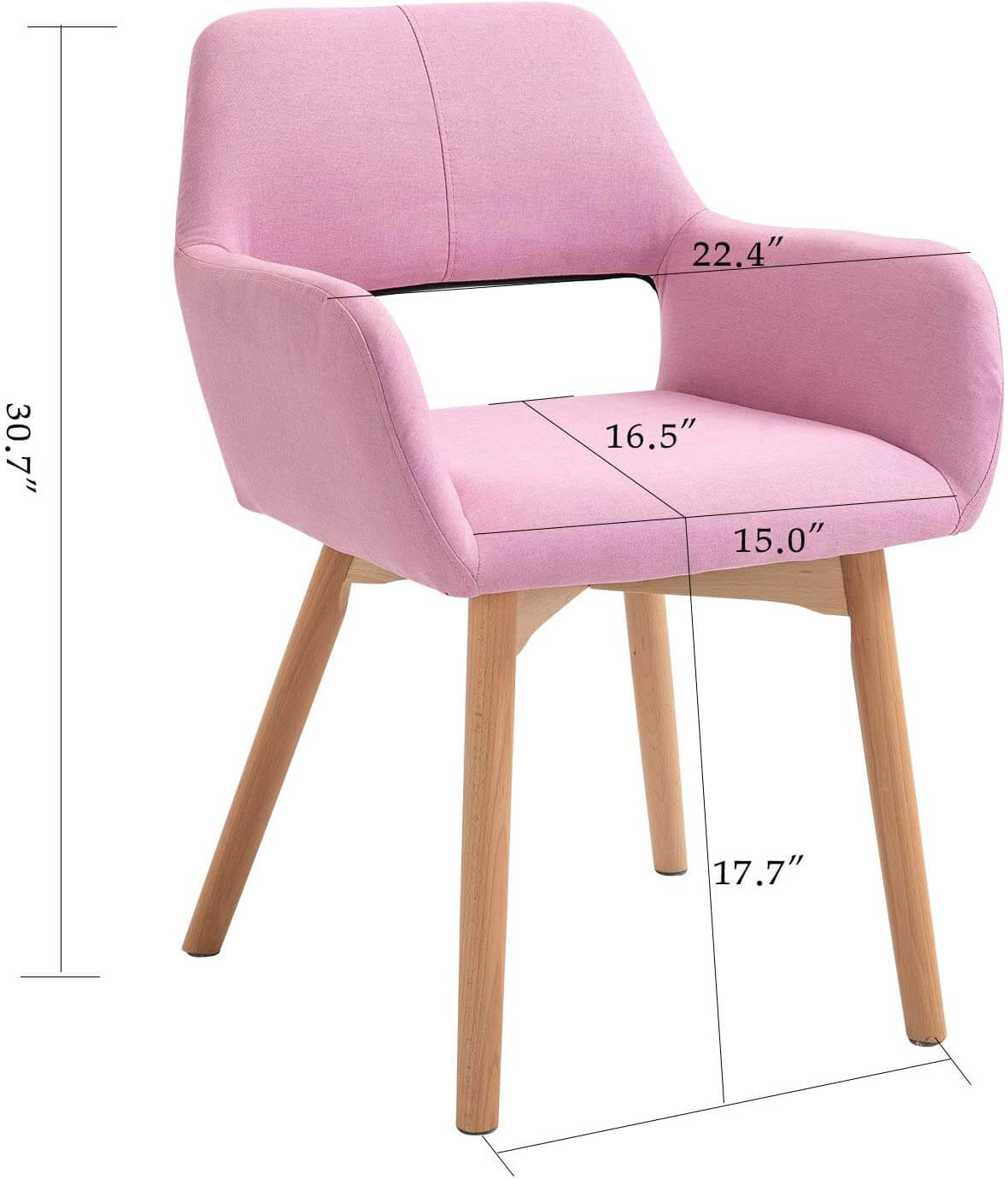 Modern Living Dining Room Accent Arm Chairs, Fabric Mid-Century Upholstered Seat with Solid Wood Legs, Pink