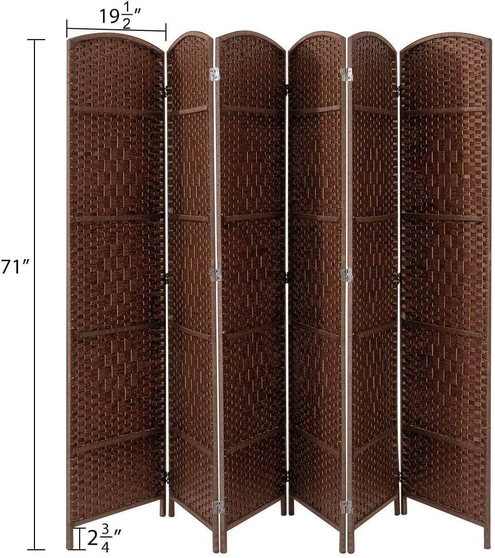 Room Divider,6 FT Tall Weave Fiber Room Divider,Double Hinged, 6 Panel Room Divider &amp; Folding Privacy Screens, Freestanding Brown Room Dividers