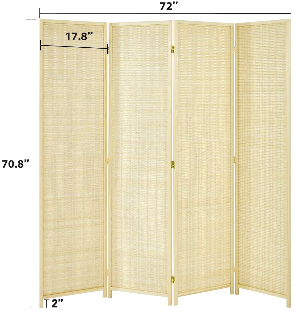 Esright 4 Panel Bamboo Room Divider, 6 Ft Tall Folding Privacy Screen Room Divider, Freestanding Partition Wall Dividers for Office,Bedroom, Beige