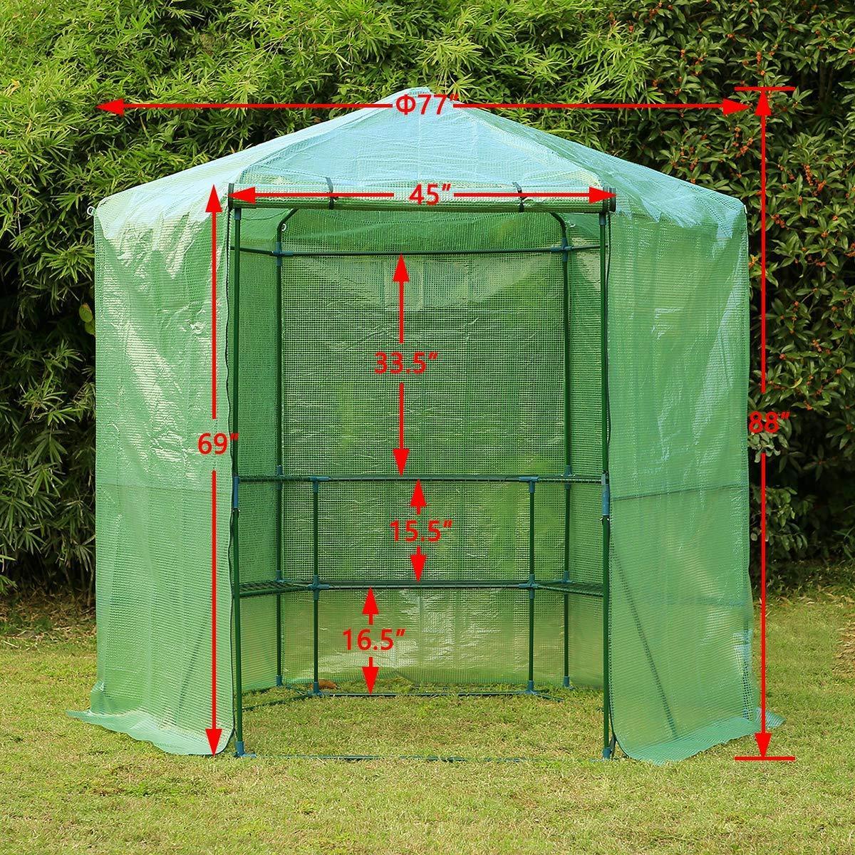 6.4&#039;x6.4&#039;x7.3&#039; Portable Hexagonal Greenhouse Kit with 3-Tier Shelf, Green