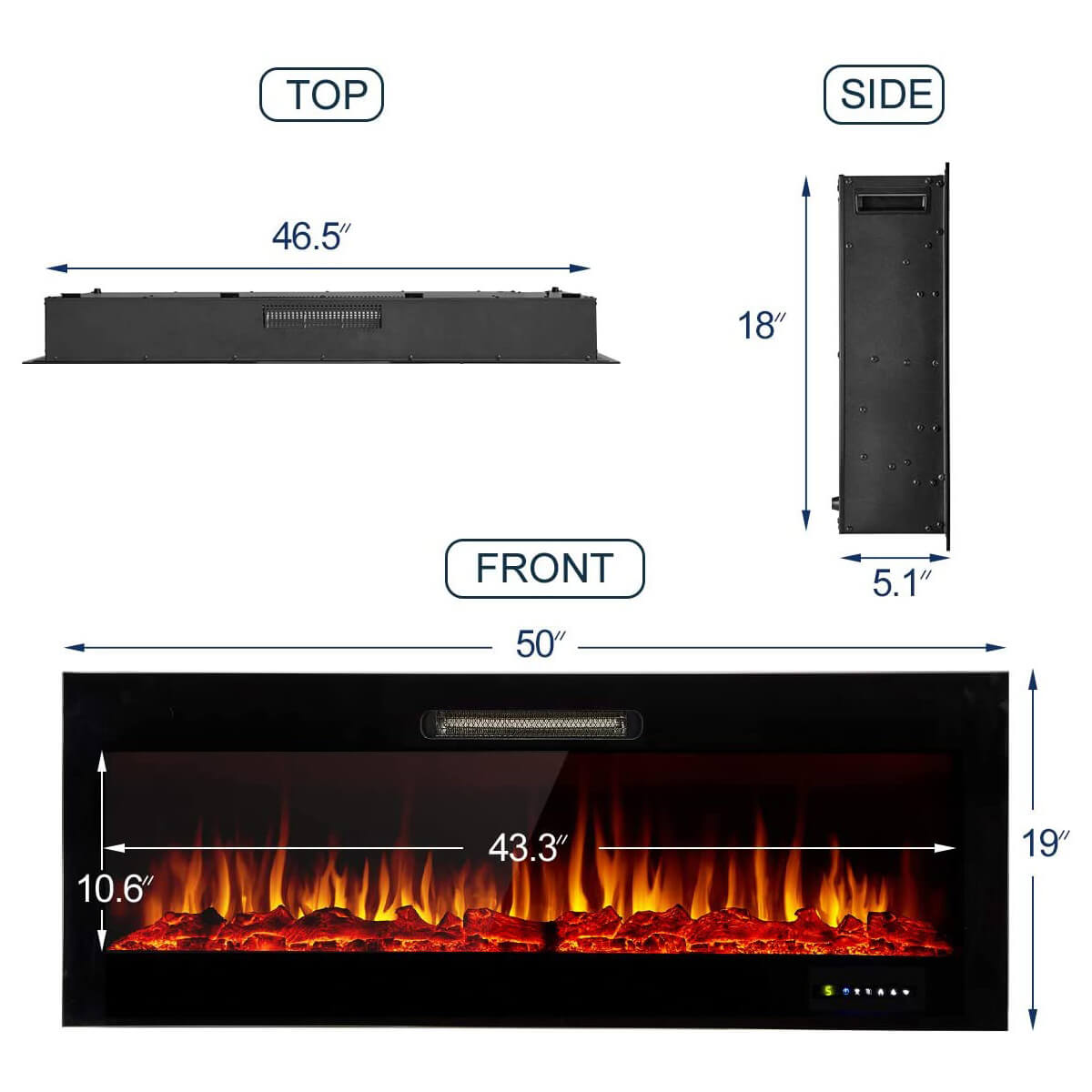 50&quot; Recessed Mounted Electric Fireplace Insert with Touch Screen Control Panel &amp; Remote Control