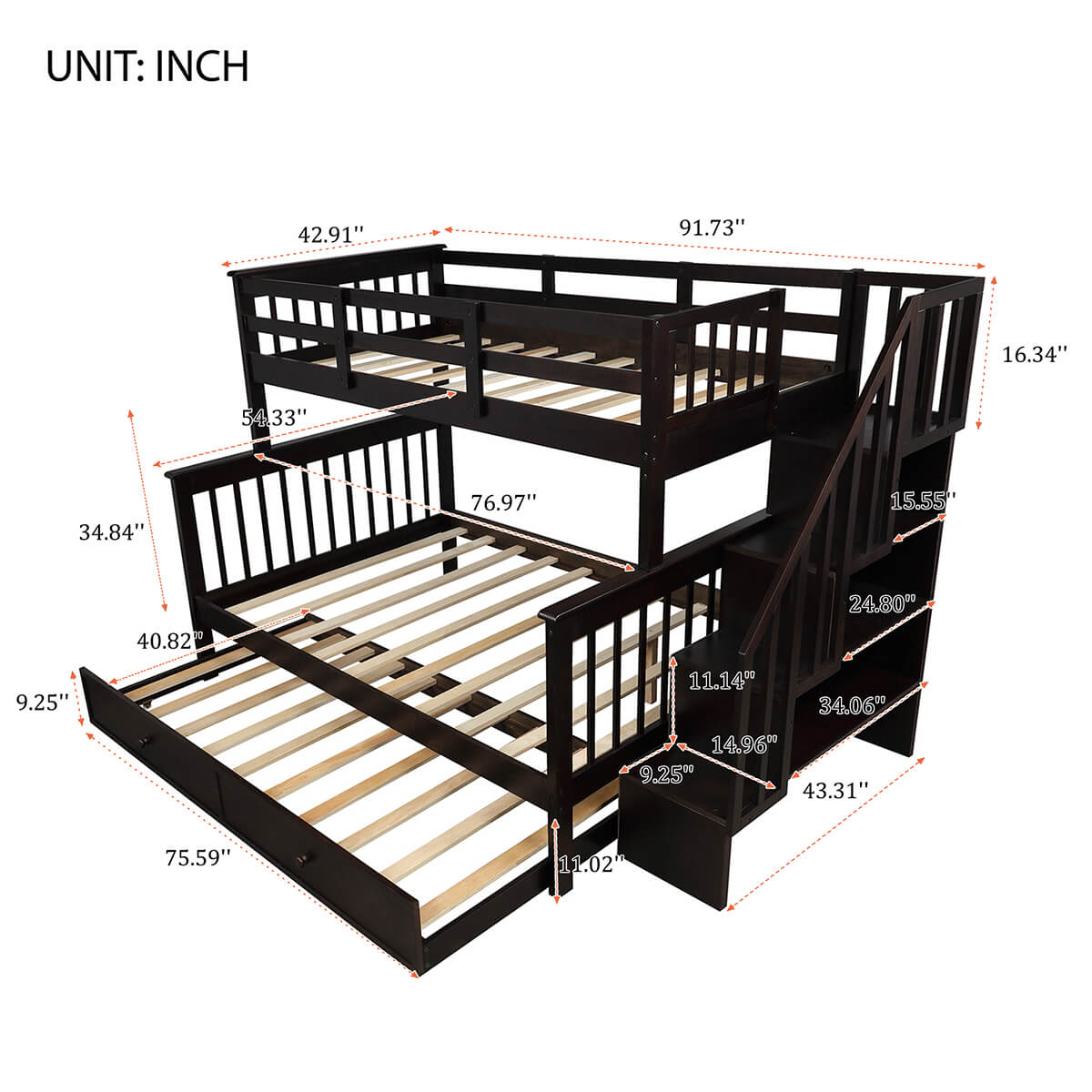 Twin-Over-Full Stairway Bunk Bed with Twin Size Trundle Bed, Wood Bunk Bed for Kids &amp; Teens with 4 Storage Shelves Espresso