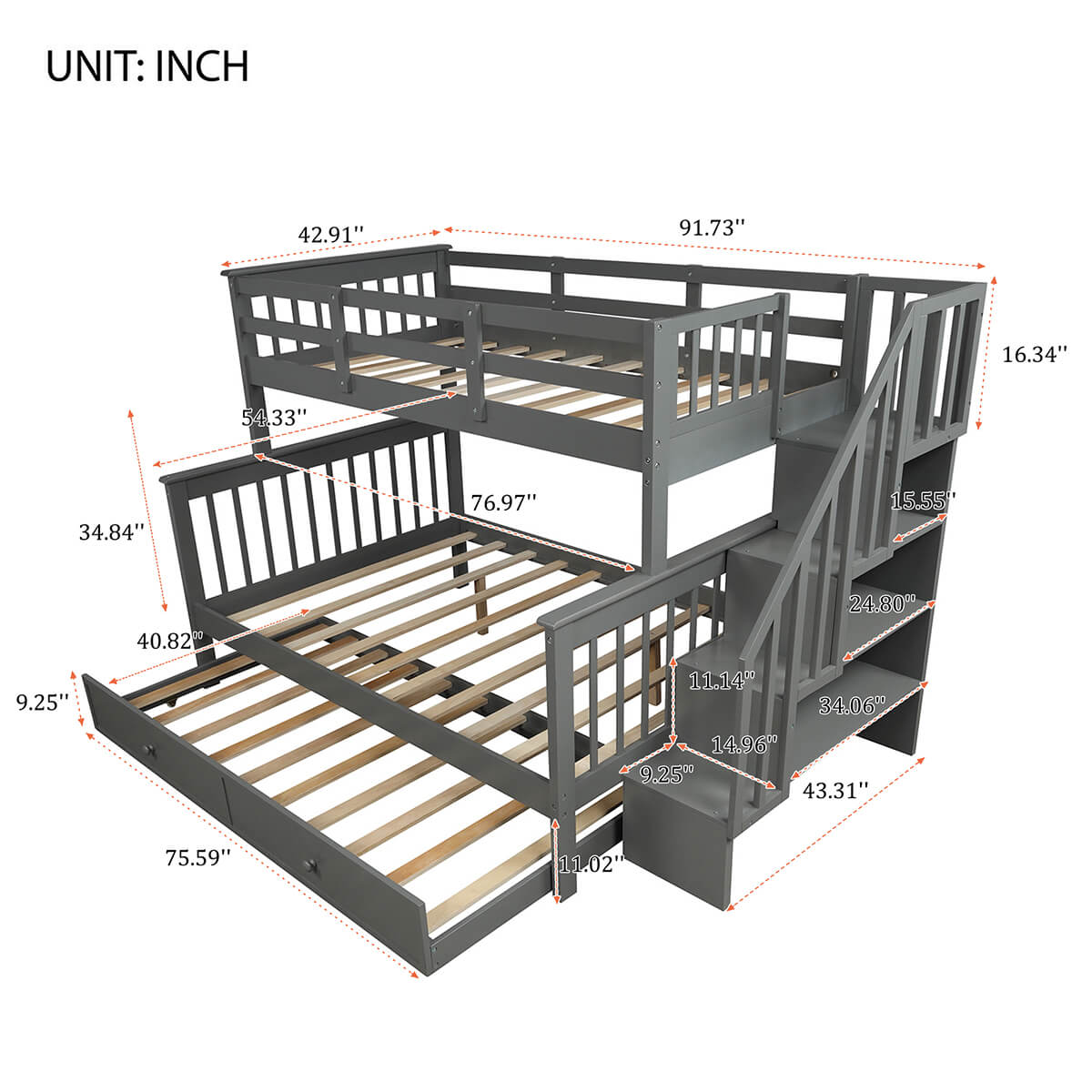 Twin-Over-Full Stairway Bunk Bed with Twin Size Trundle Bed, Wood Bunk Bed for Kids &amp; Teens with 4 Storage Shelves Gray