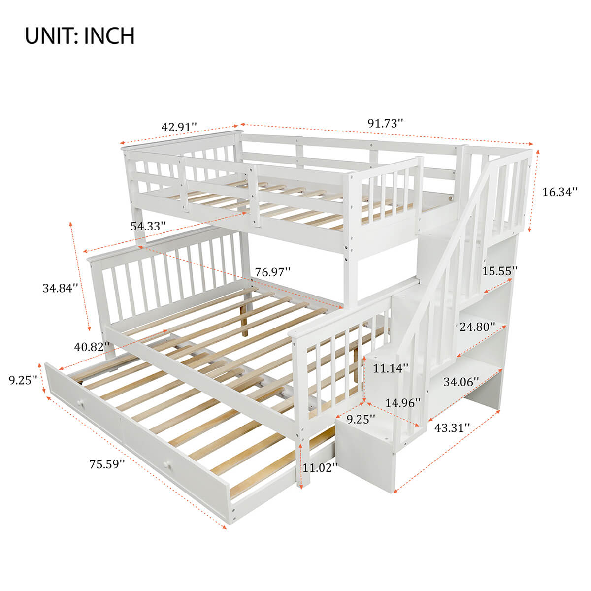 Twin-Over-Full Stairway Bunk Bed with Twin Size Trundle Bed, Wood Bunk Bed for Kids &amp; Teens with 4 Storage Shelves White