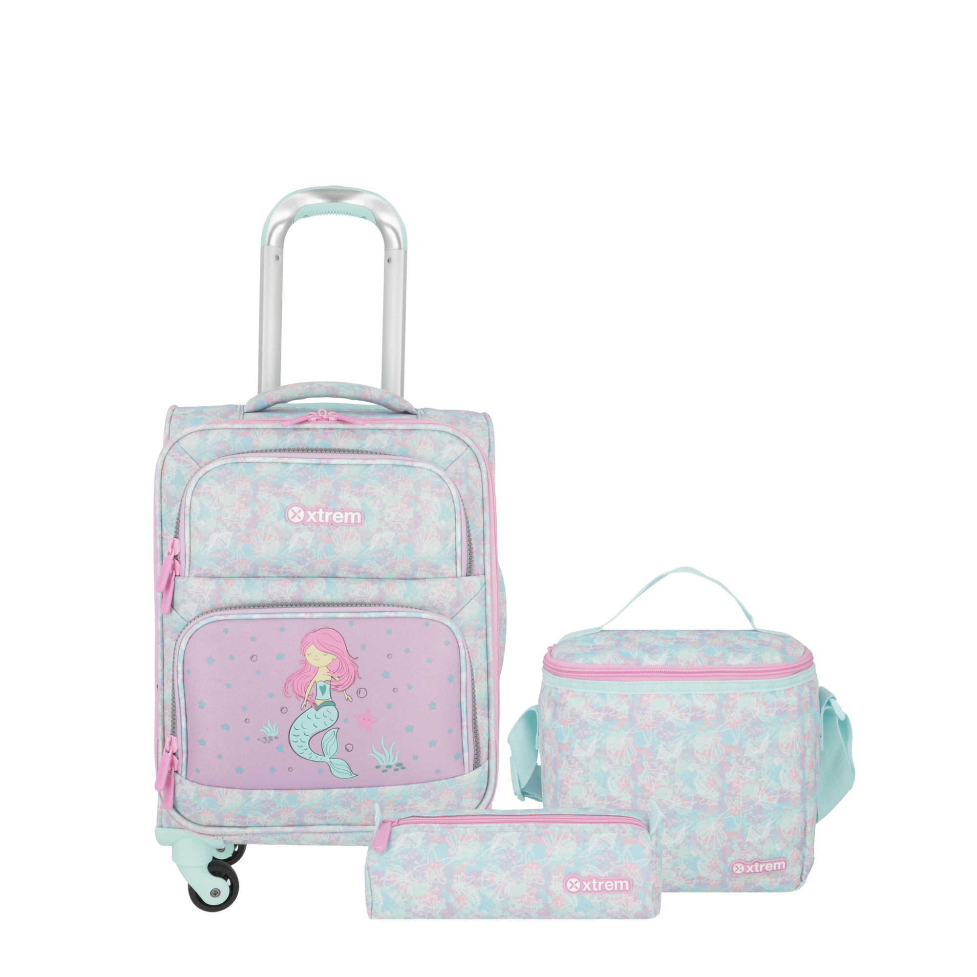 Set mochila + lonchera + cartuchera Speedy verde sirenas