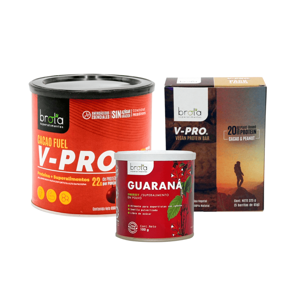 Pack deportivo V-Pro Cacao proteína en polvo, guaraná y caja de barritas