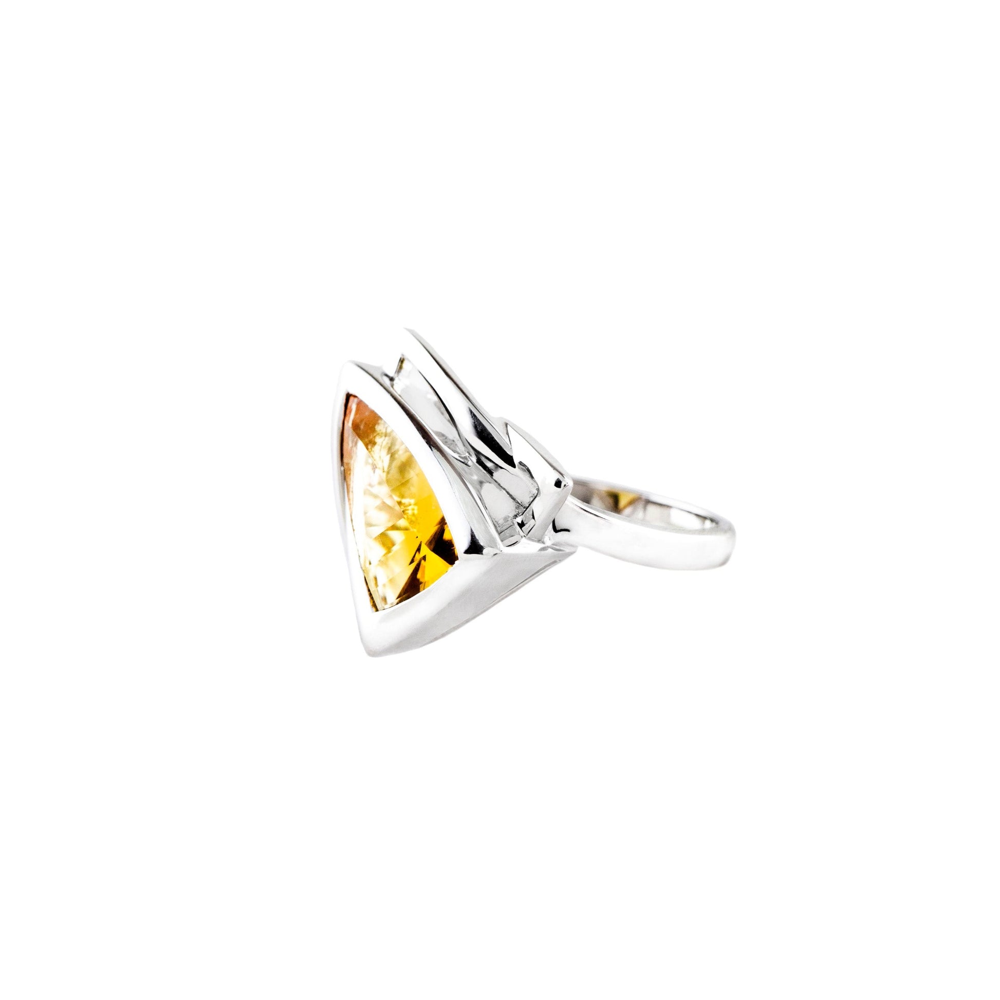 Citrine Trillion Cut Rhodium Plated Ring - Twisted Earth Artistry