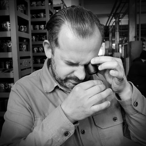 TYLER & TYLER x Damien Broderick Cufflinks Production Shot. Richard Tyler checking the first stamping.