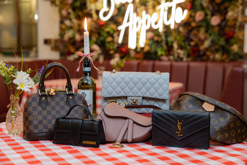 Image of Louis Vuitton Alma BB bag, Jacquemus Black Le Bambino bag, mauve Dior Mini Saddle Bag,