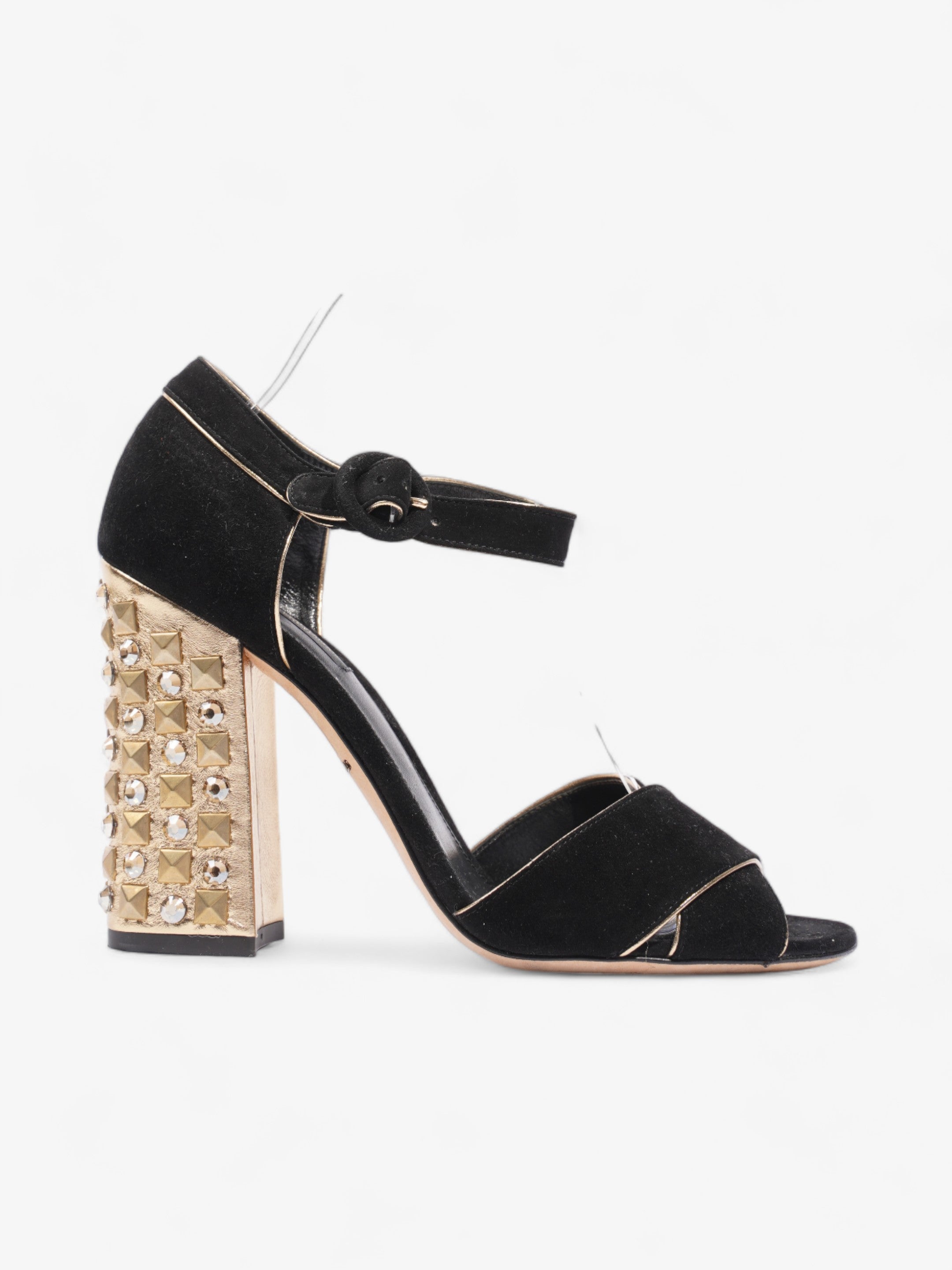 Image of Dolce and Gabbana Crystal Embellished Block Heel 85mm Black / Gold Suede EU 39.5 UK 6.5