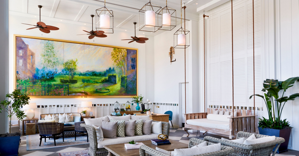 The open, airy, botanic garden inspired lobby at the Loutrel