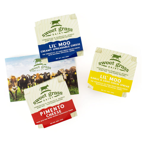 Sweet Grass Dairy's spreadable cheeses with a cow postcard