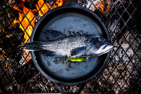 Whole fish in a skillet cooking over a grill grate