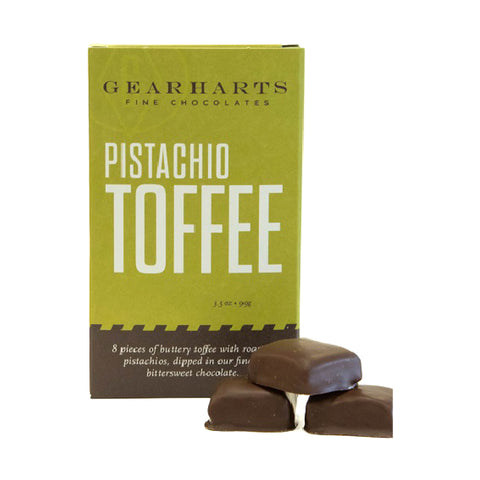 Gearhart's Pistachio Toffee in its light green packaging