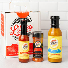 Lillie's of charleston gift pack with Lillie's hot sauce, dry rub, and barbecue sauce