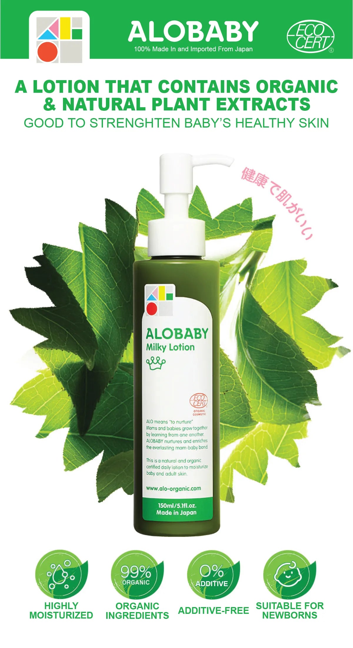 Made-in-Japan organic Milky Lotion is ALOBABY's signature item. It provides high moisturizing effect and is certified by the world-known ECOCERT. Contains natural moisturizing ingredients, such as Jojoba Oil and Shea Butter.