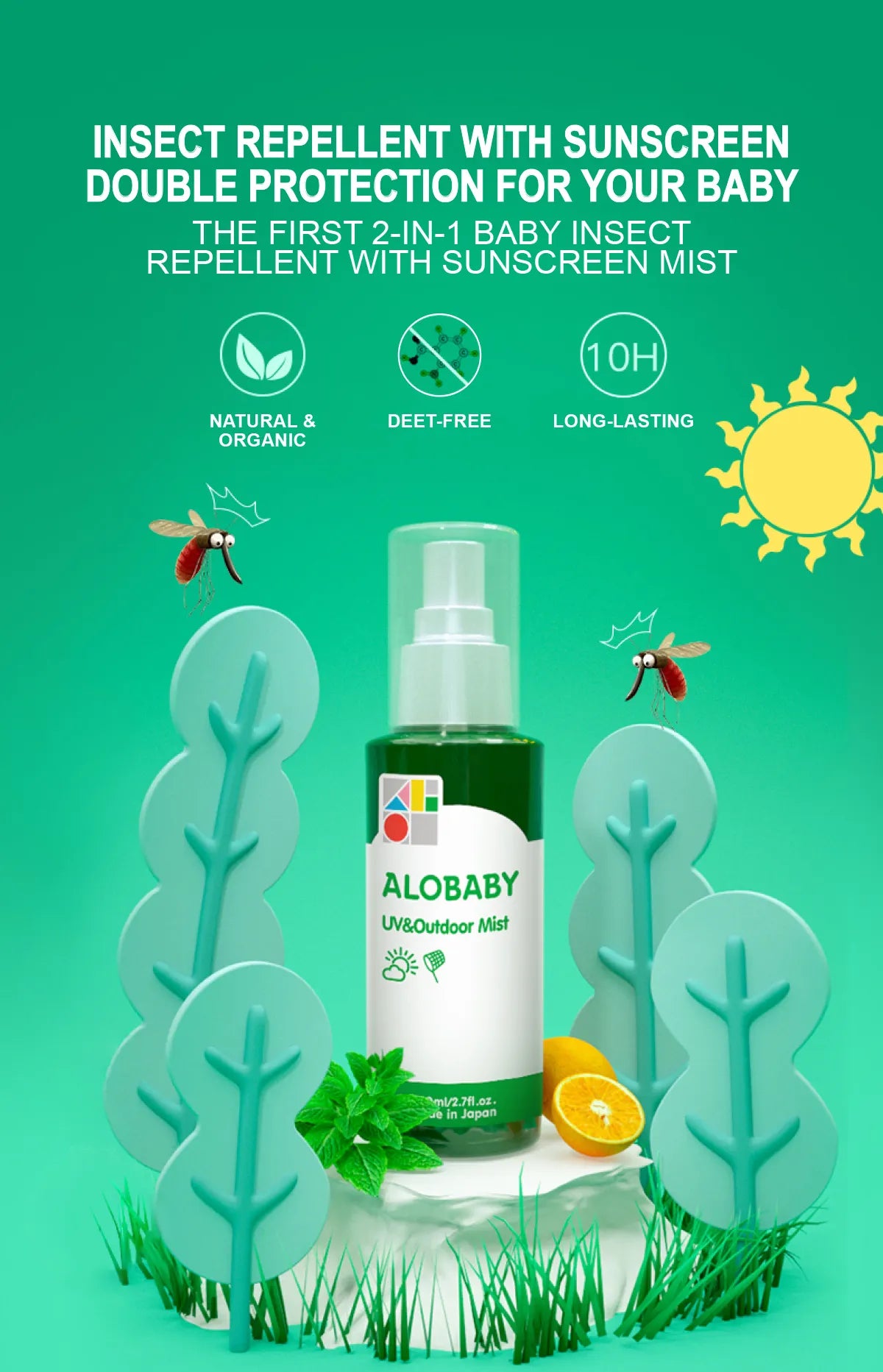 Made-in-Japan organic UV&amp;Outdoor Mist provides UV protection and insects repellent effects. <br data-mce-fragment="1">Our 100% natural formula is DEET-free and does not contain synthetic UV absorber. It does not cause white marks after application. <br data-mce-fragment="1">Portable size in spray form, suitable for outdoor use.