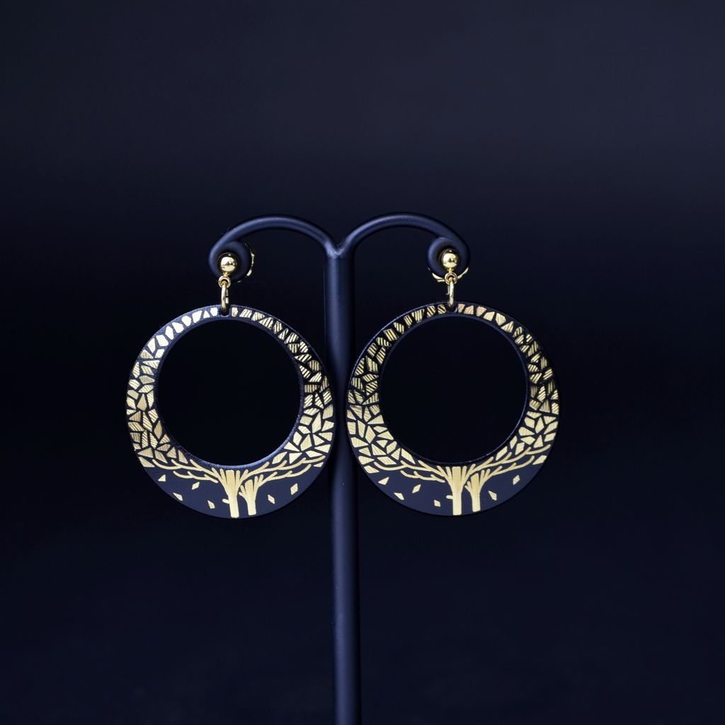 Damascene Open circle pierced earrings 30 "Leaves of the fall" 象嵌 30月ピ KYOTO HANDICRAFT CENTER