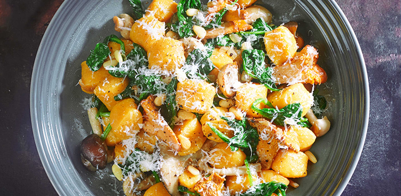 Pumpkin Gnocchi with Creamy Mushroom, Spinach & Pine Nuts