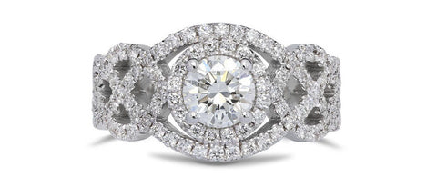 Creative halo engagement ring with twisted pavé diamonds