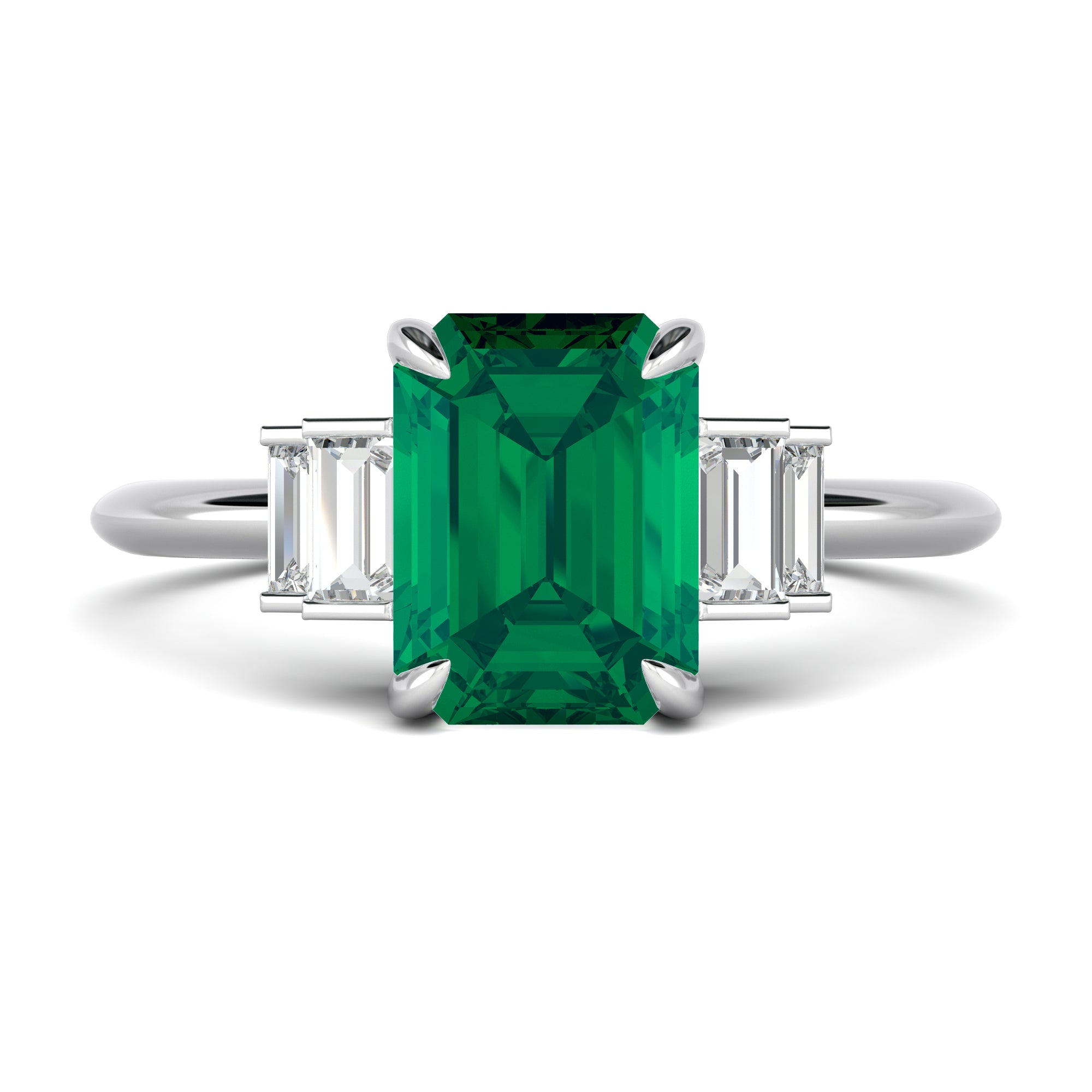 Emerald Engagement Ring with Side Baguette Diamonds