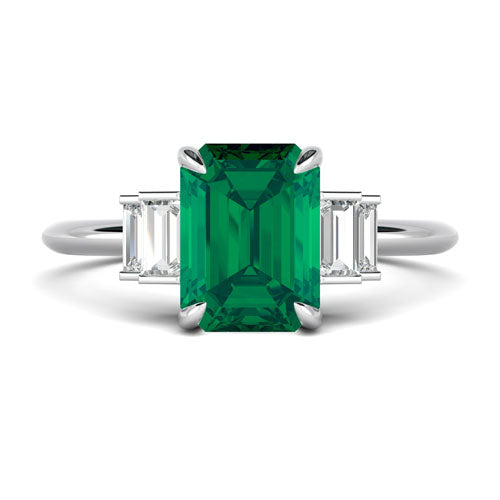 Emerald Engagement Ring with Side Baguette Diamonds