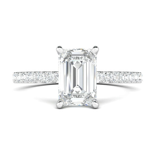 Emerald cut diamond engagement ring with pavé band