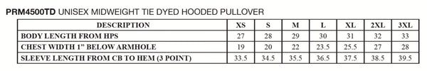 Tie Dyed Hoodie Size Information