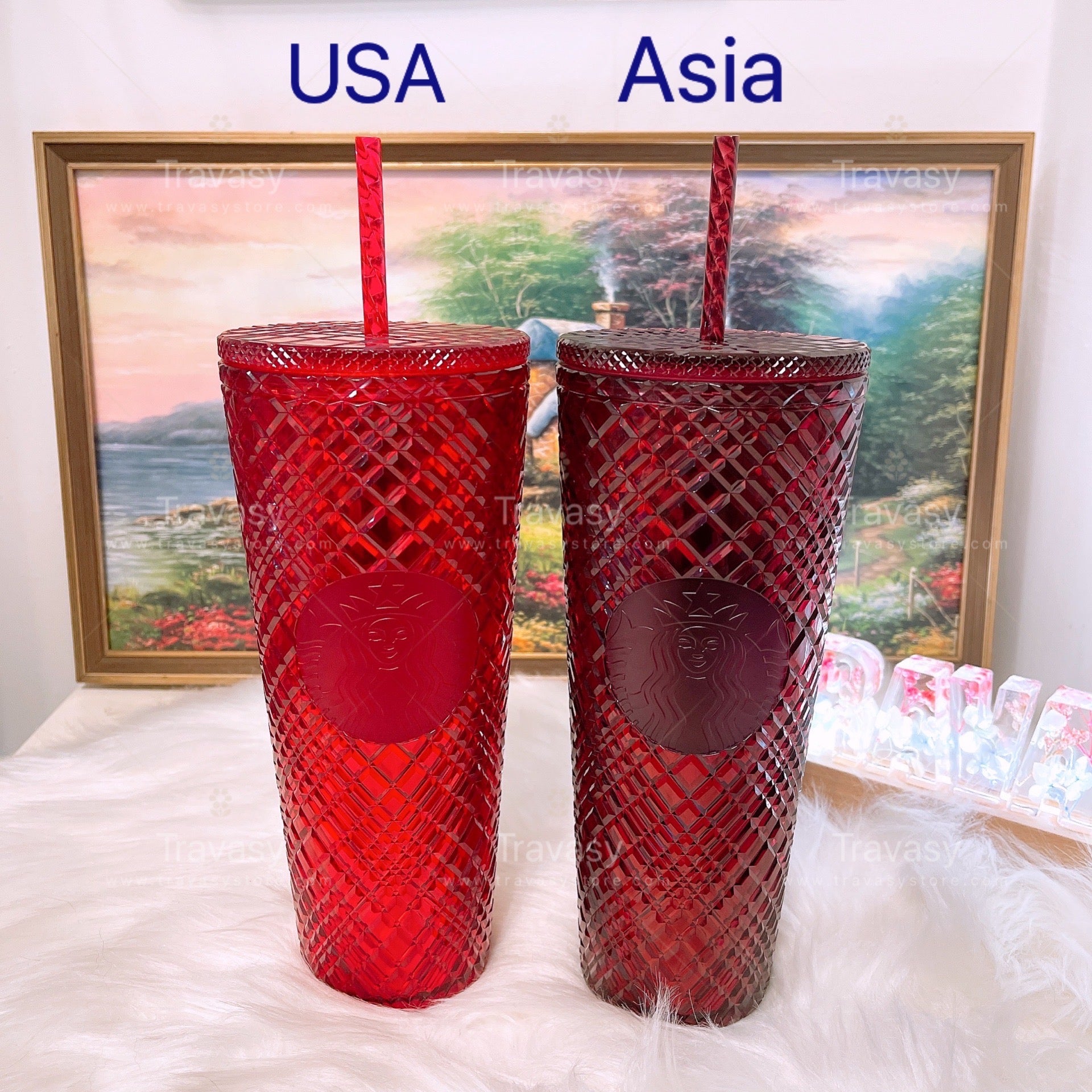 Sale Starbucks Asia Diamond Marron Red Jeweled Jewel Studded Strawcup Travasy