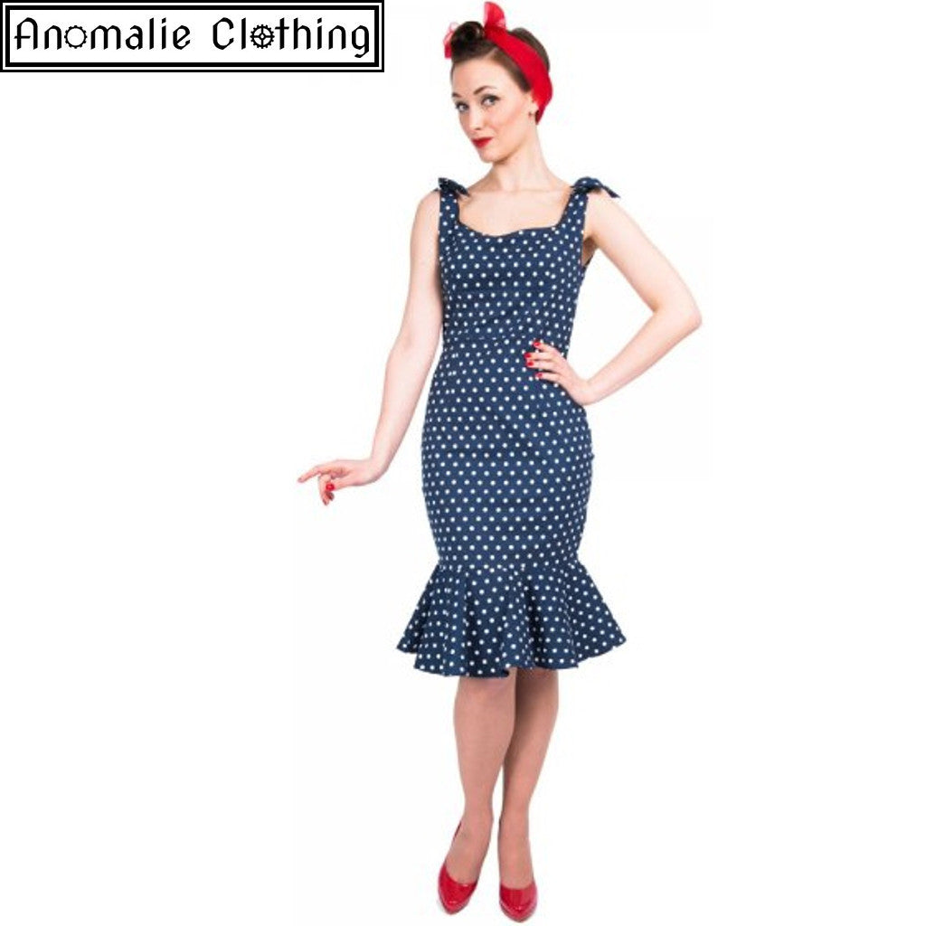 navy dress with white polka dots