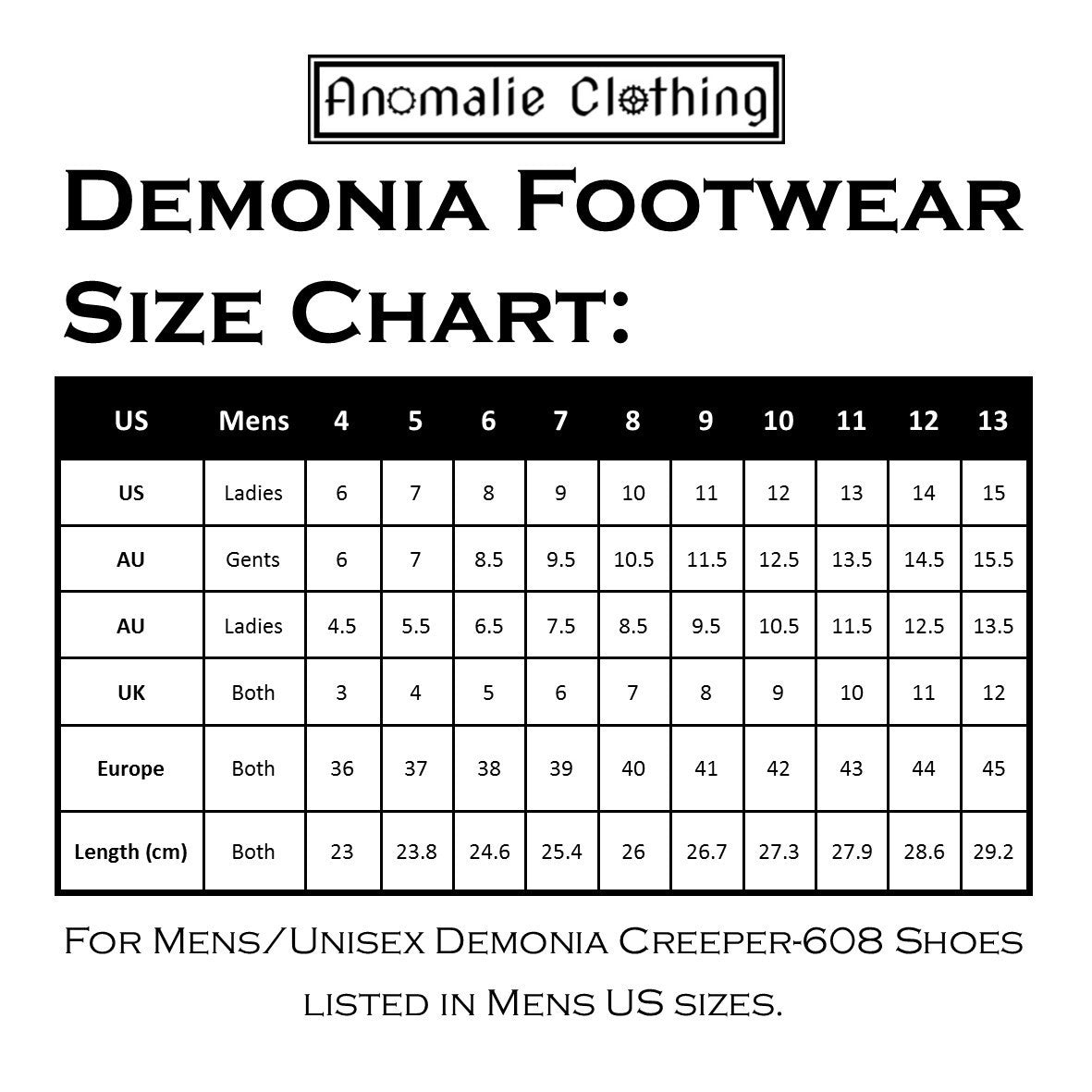 demonia shoe sizing