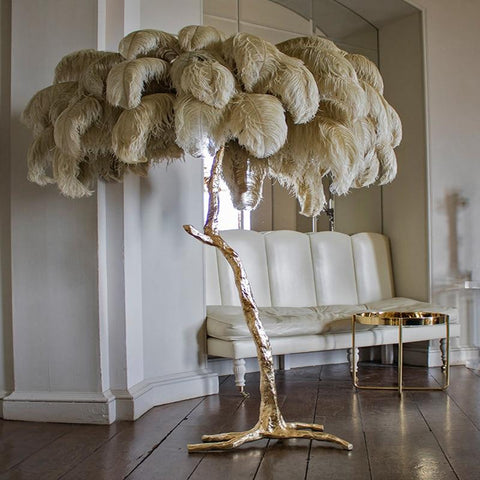 Ostrich Feather Lamp in Blush Pink, with Cascading Plumes of Soft Feathers Creating a Luxurious and Whimsical Lighting Accent for Home Decor