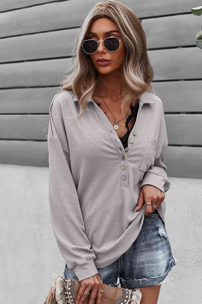 Collared Neck Button Pocket Knitted Top