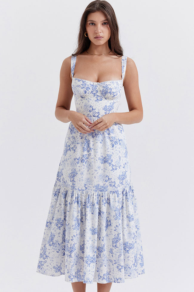 French Sweetheart Fit and Flare Ruffle Floral Printed Midi Sundress ...