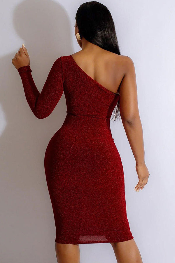 Red Feathers One Shoulder Open Fork Elegant Dress - Power Day Sale