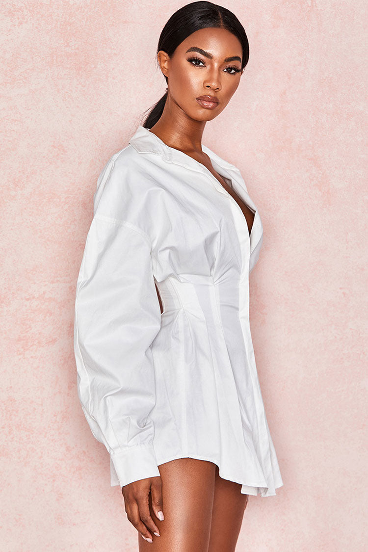 Balloon Sleeve Cinch Waist Button Down Mini Shirt Dress - White – Rosedress