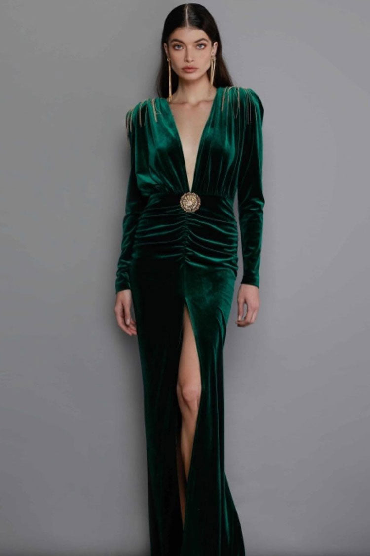Deep V Long Sleeve Fringe Evening Maxi Dress Emerald Green Rosedress 7131