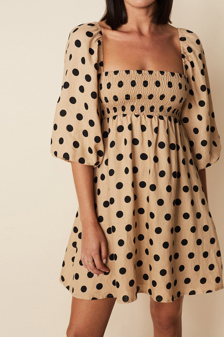 Dotted Puff Sleeve Square Neck Summer Mini Dress - Coffee – Rosedress