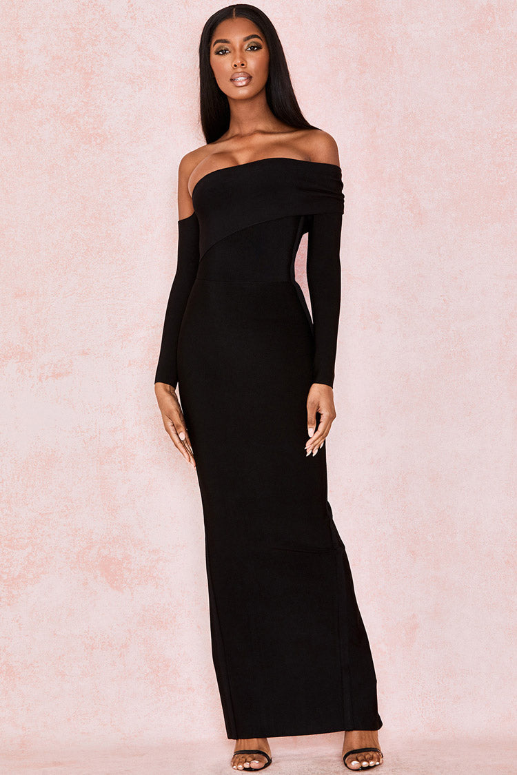 Elegant Off Shoulder Slit Back Bandage Maxi Evening Dress - Black ...