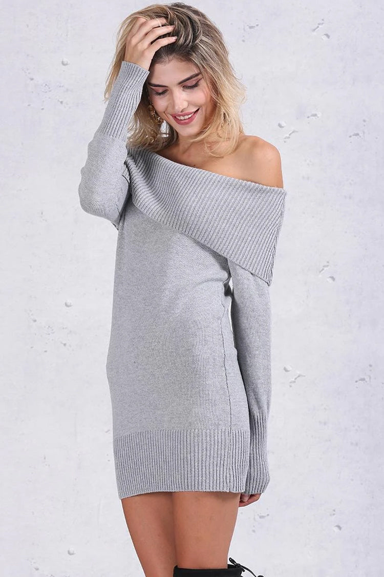 Ribbed Long Sleeve Draped Off Shoulder Mini Sweater Dress - Gray ...