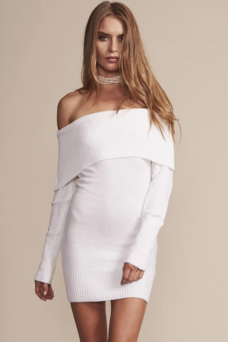 Ribbed Long Sleeve Draped Off Shoulder Mini Sweater Dress - White ...
