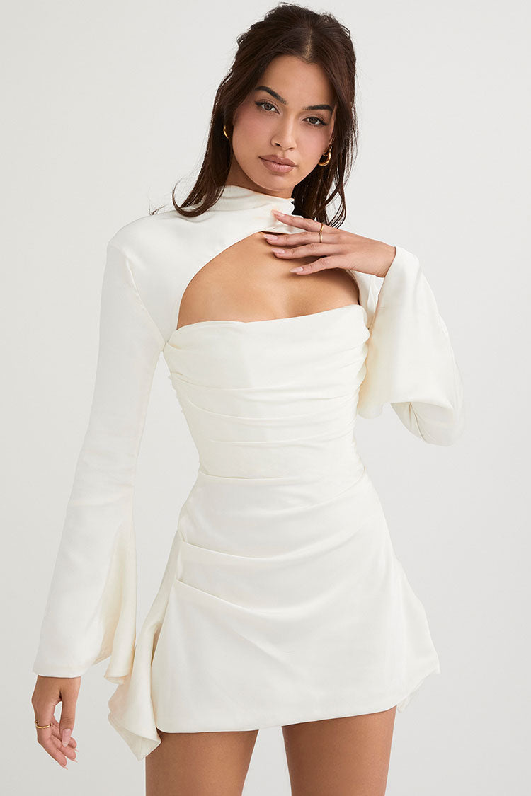Silky Satin High Neck Long Sleeve Cutout Party Mini Dress - White ...