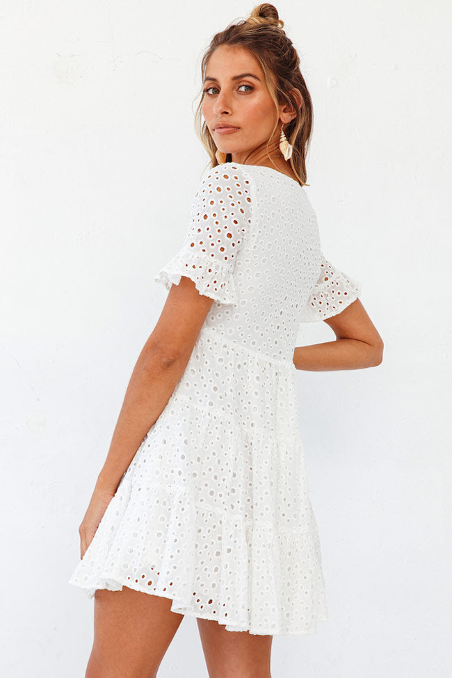 Sweet Broderie Anglaise V Neck Mini Babydoll Dress - White – Rosedress