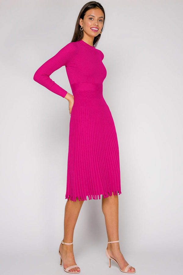 Sweet Long Sleeve Ribbed Winter Midi Sweater Dress - Rose
