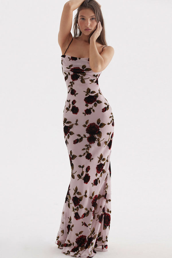 Velvet Cowl Neck High Slit Backless Slip Maxi Dress - Purple – Rosedress