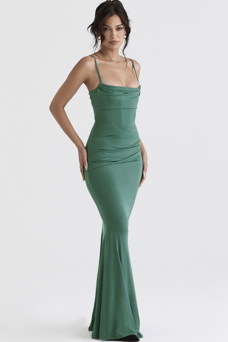 Vintage Square Neck Ruched Corset Fishtail Evening Maxi Dress - Green ...