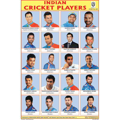 INDIAN CRICKET PLAYERS CHART SIZE 12X18 (INCHS) 300GSM ARTCARD