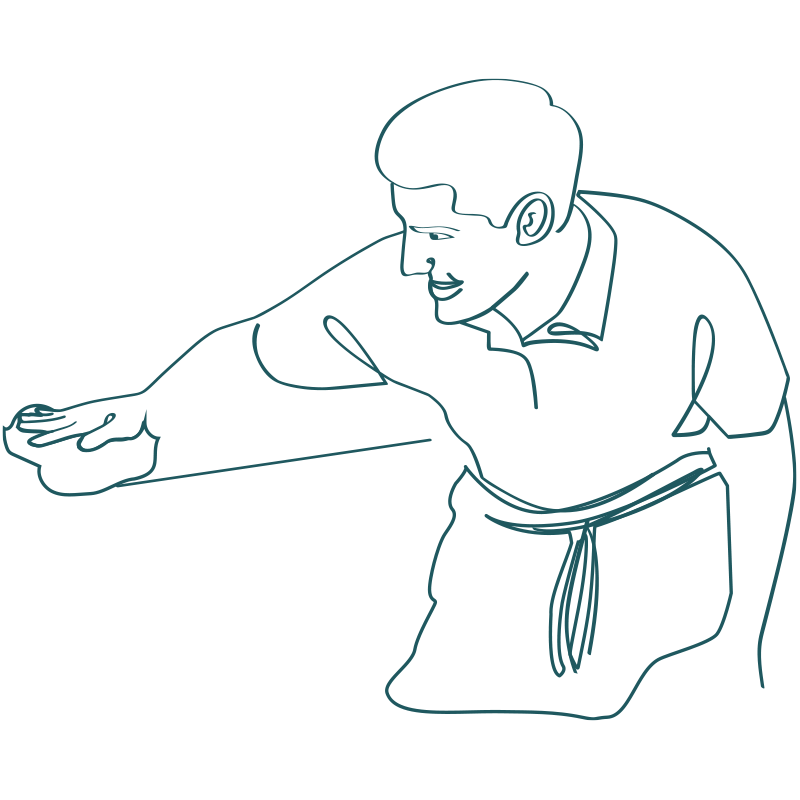 line drawing of a man with apron slightly bending over wiping a surface clean with towel