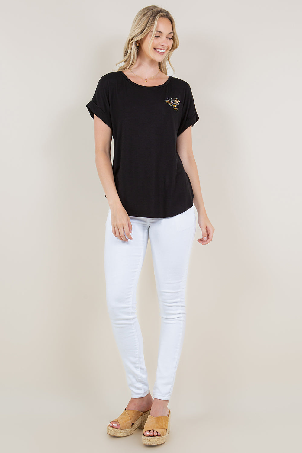 EXTENDED ROLL TAB SLEEVE SCOOP NECK ASYMM TOP - T10945-PT23025