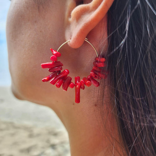 READY TO SHIP Red Coral Hoop Earrings - 14k Gold Fill FJD$
